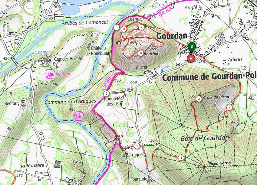 Carte de notre Trail des 2 Picons de Gourdan-Poulignan, Février 2021 