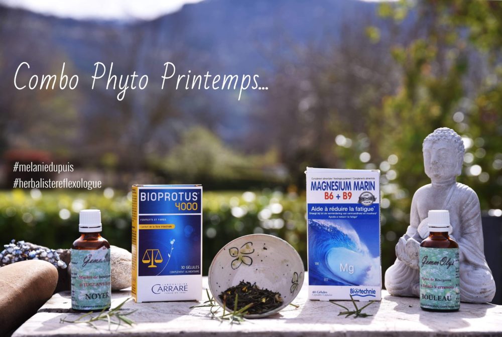 COMBO PHYTO PRINTEMPS: ✨ Du bourgeon de noyer (prébiotique entre autres) et des probiotiques pour donner un coup de pouce à notre précieuse flore intestinale ✨ Du bourgeon de bouleau en tant que reminéralisant et draineur doux de l'organisme et protecteur du foie, du pancréas ✨ Du magnésium pour recharger nos batteries ✨ Du thé vert drainant & antioxydant et du romarin, allié de notre foie! (lire l'article qui lui est consacré sur GC! ;) 👣 En ce moment, pendant vos séances de réflexologie plantaire, en mtc, je travaille notamment sur les zr du foie / vésicule biliaire et selon vos sensibilités aux saisons: reins / vessie (hiver) et/ou rate / estomac-pancreas (inter saison).