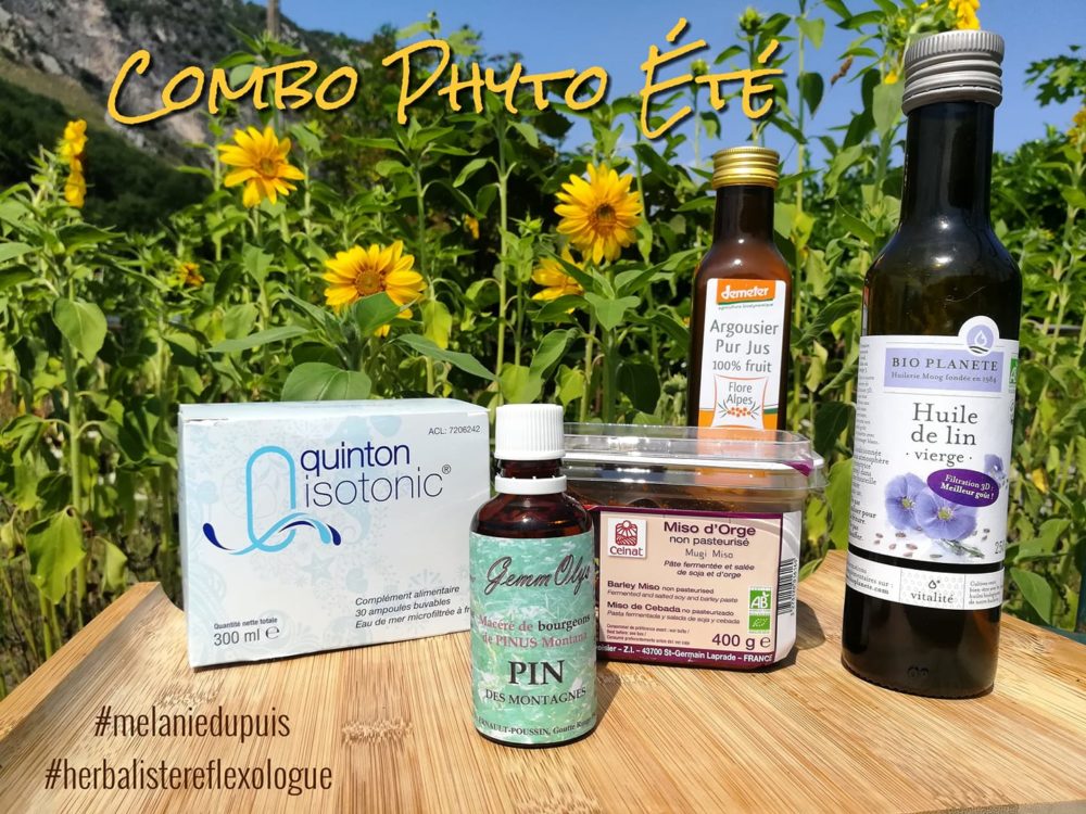 COMBO PHYTO ETE:  🌞 Il n'est pas trop tard pour vous donner mes quelques conseils en phyto-minéralogie pour cette période estivale! Surtout après cette période caniculaire!  😎Voici ce que je vous propose: 🌿 De la silice liquide ou du pin en gemmotherapie pour aider vos ligaments, tendons et articulations. 🌿 Des omegas 3 (huile de lin, chanvre, noix, cameline - poissons gras - compléments) pour reconstituer le stock avant la rentrée. 🌿 De la vitamine C (jus d'argousier par exemple) dont notre organisme a bien besoin pendant les fortes chaleurs d'autant plus si vous vous sentez fatigués. 🌿 Du plasma de quinton marin pour refaire le plein de minéraux qui s'échappent notamment avec la sueur. 🌿 Du miso pour l'effet probiotique et pour après l'effort..